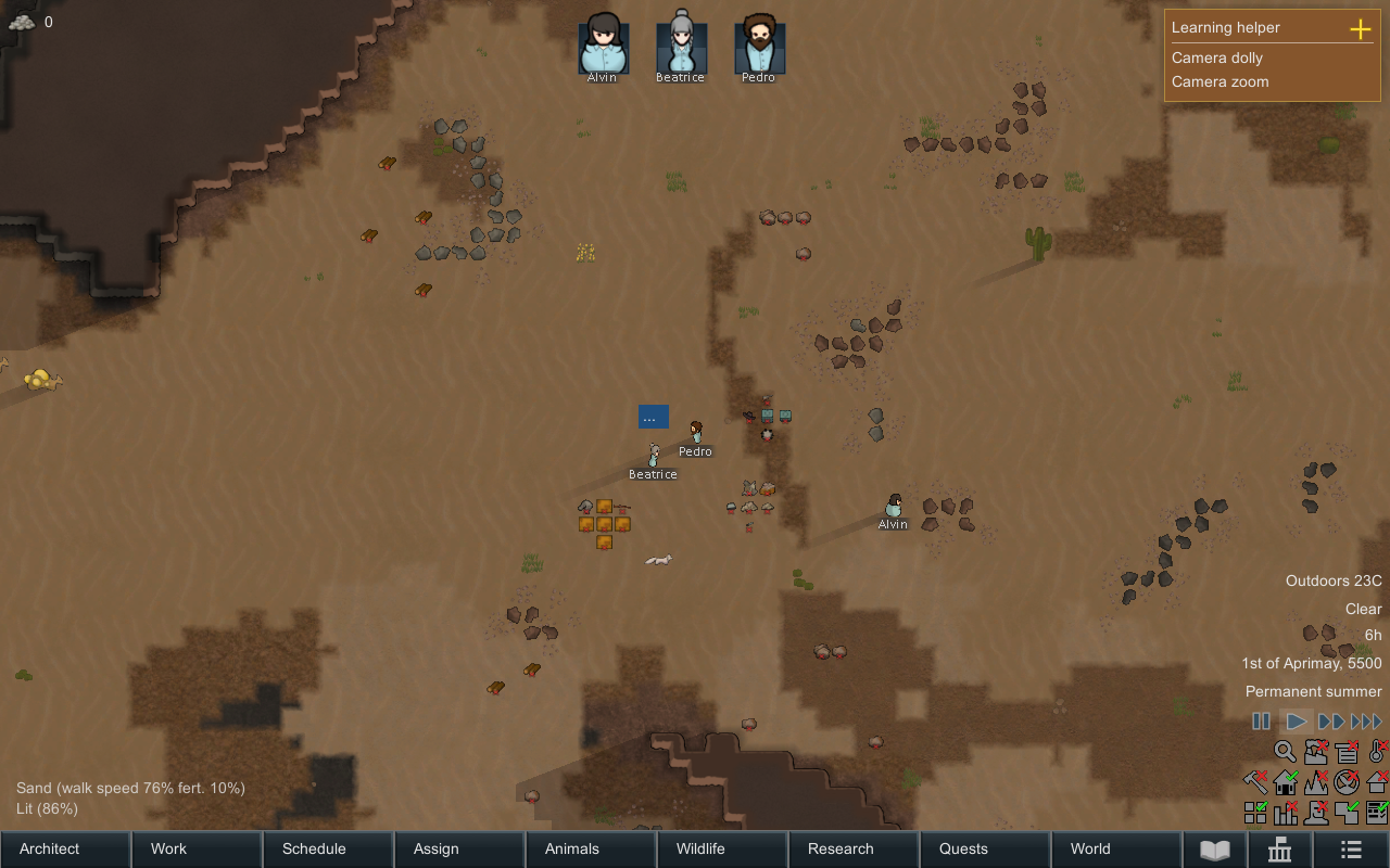 Beatrice stands in the test colony with a blue ellipsis badge above her.