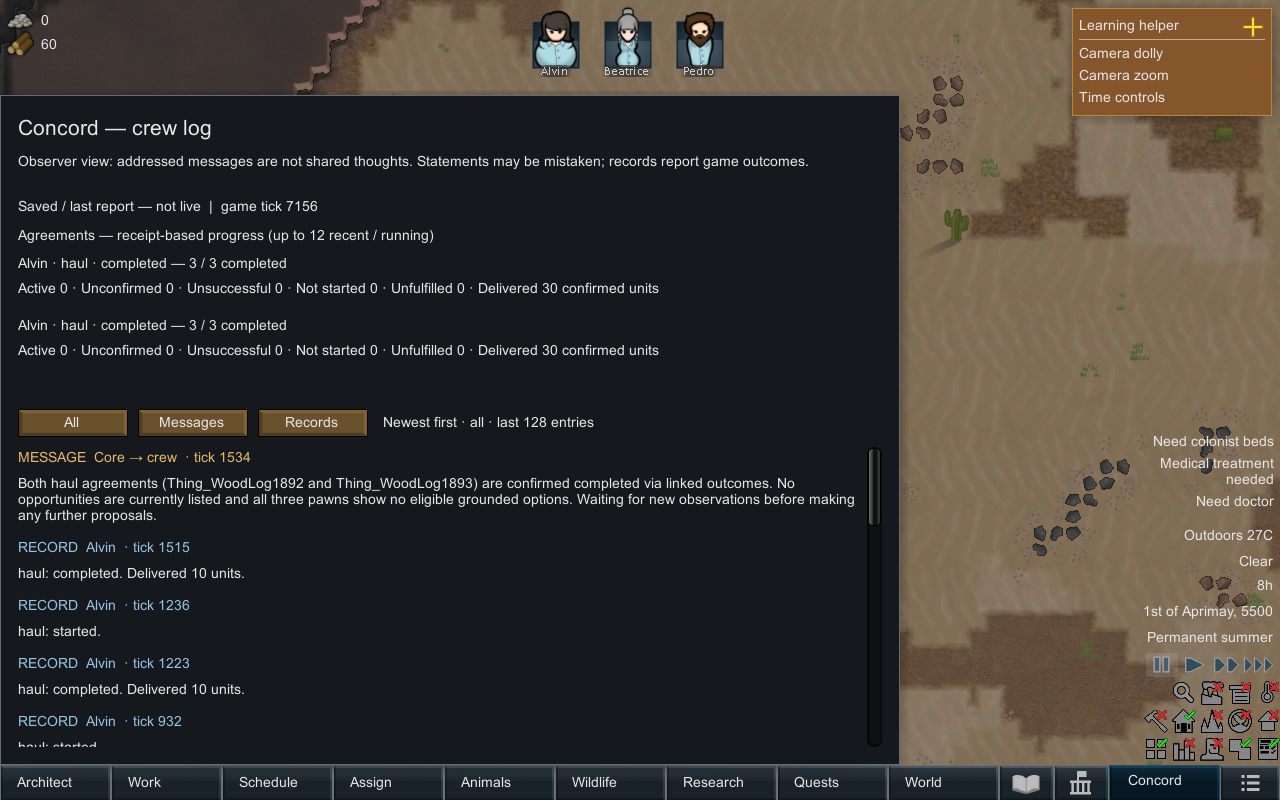 Saved Concord crew log with two completed three-trip hauling agreements and the core waiting for new observations.