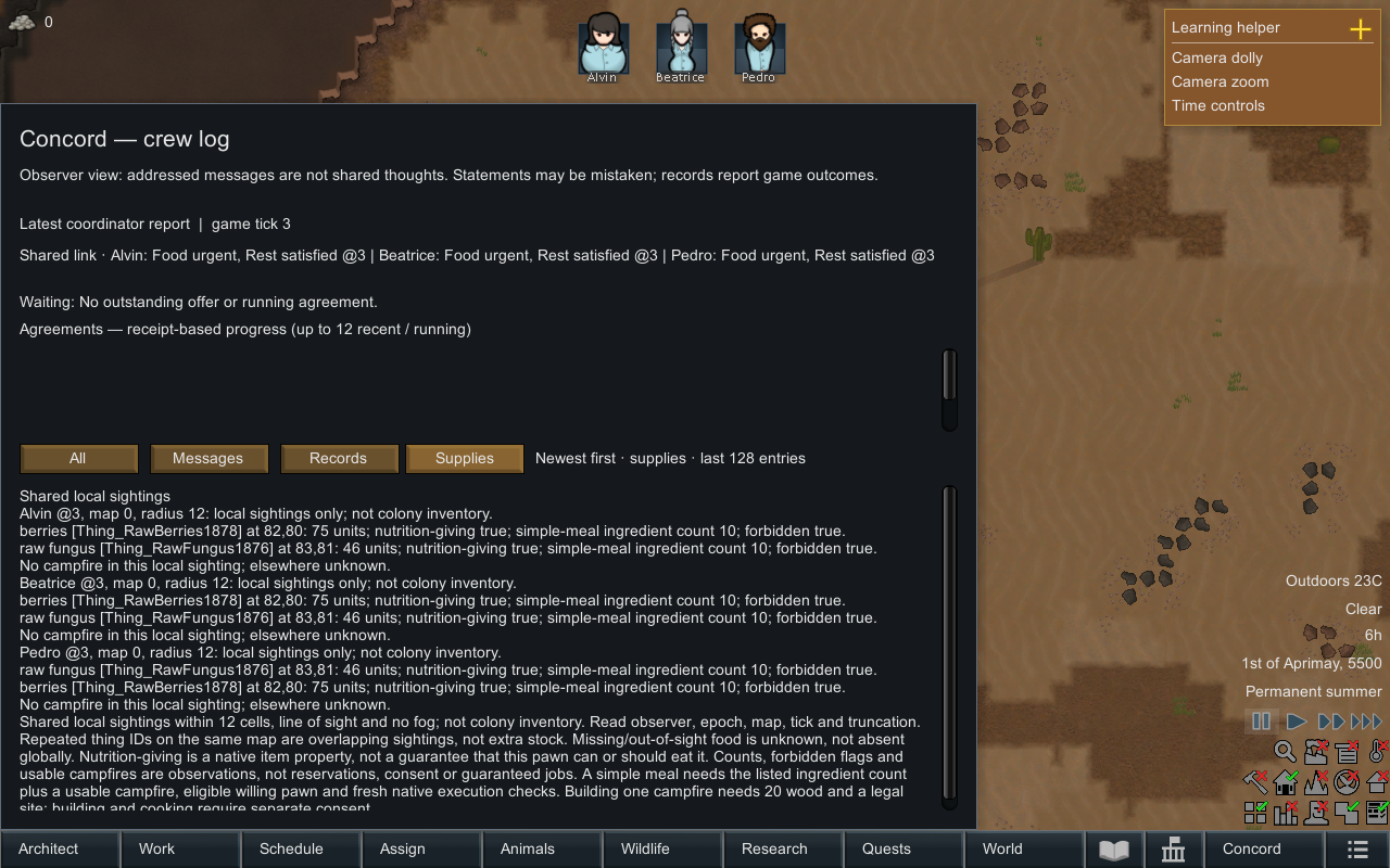Actual RimWorld Concord Supplies tab showing attributed local berry and raw-fungus sightings, forbidden flags, and no locally observed campfire.