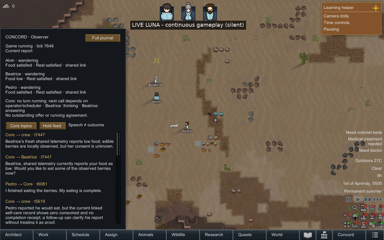RimWorld desert map with the compact Concord observer sidebar. Shared status shows Beatrice's food as low. The core asks Beatrice whether she would like to eat some of the observed berries; below, Pedro reports that he finished eating.