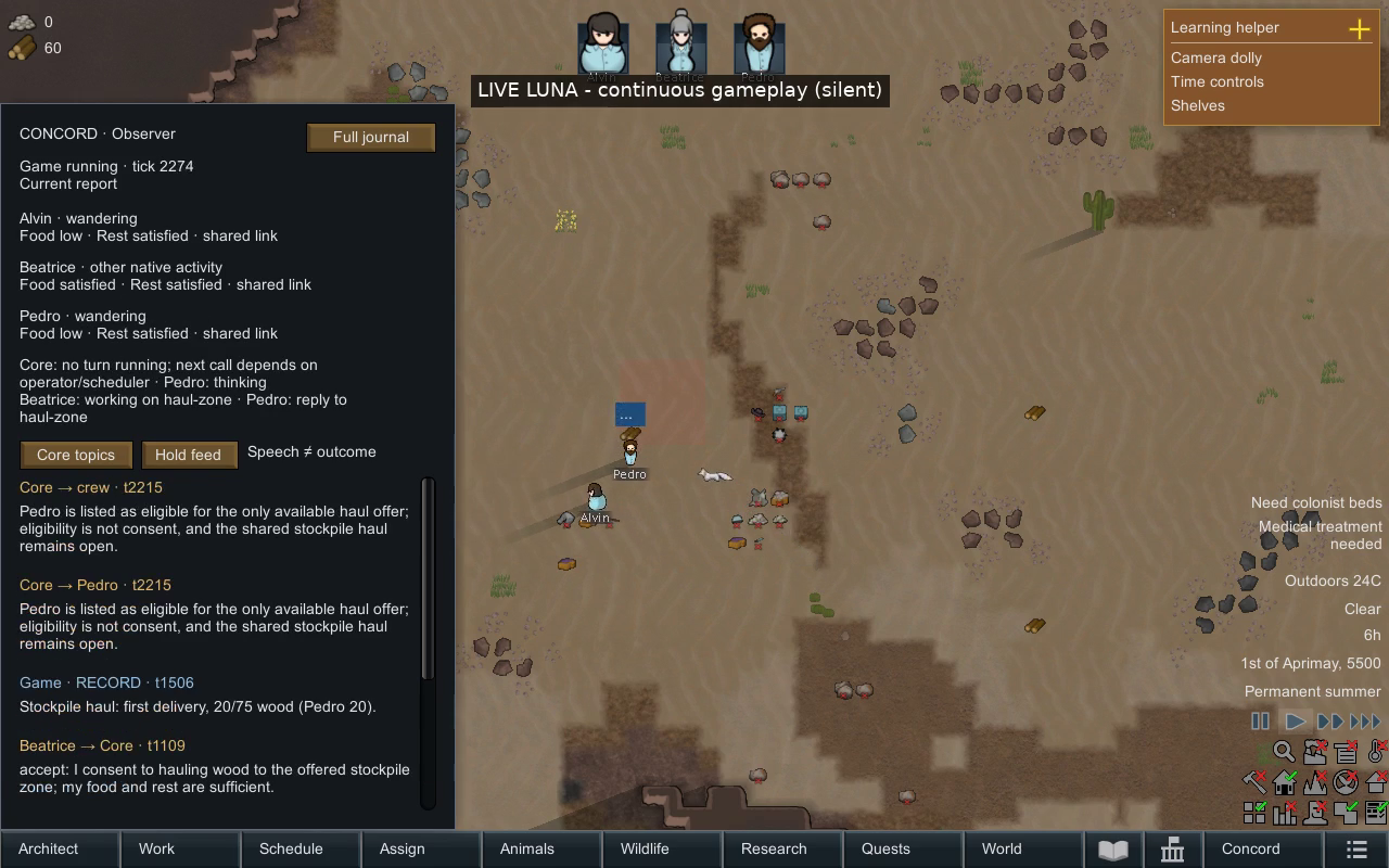 RimWorld desert map with the Concord observer sidebar. The journal shows Beatrice accepting a shared stockpile haul, a game record of the first delivery of 20 of 75 wood by Pedro, and core messages noting that eligibility is not consent.