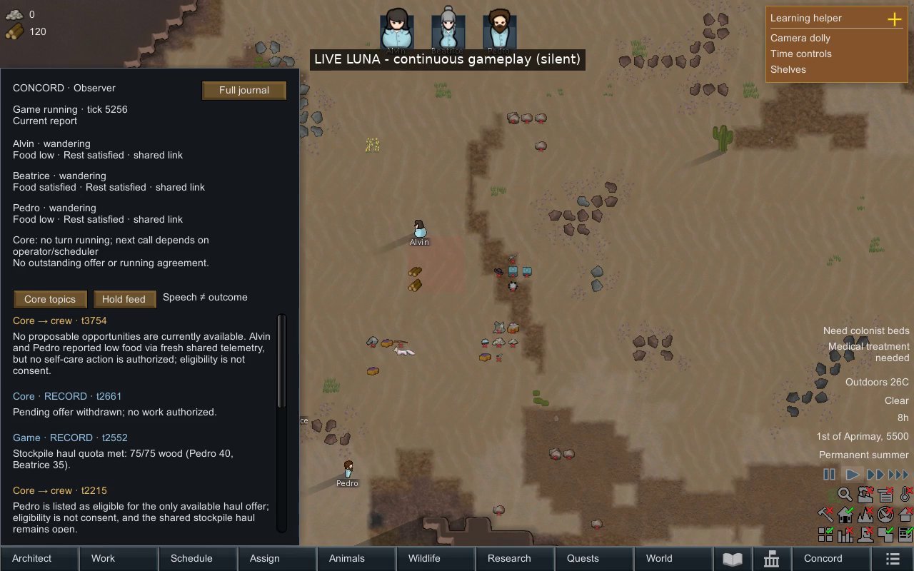 The same live run later. The journal shows the game record 'Stockpile haul quota met: 75/75 wood (Pedro 40, Beatrice 35)', followed by 'Pending offer withdrawn; no work authorized' and a core message that no proposable opportunities are available. The colony wood counter reads 120.