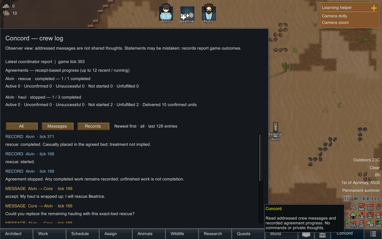 RimWorld Concord tab showing a completed rescue, one of three hauls completed, and separately coloured messages and records.