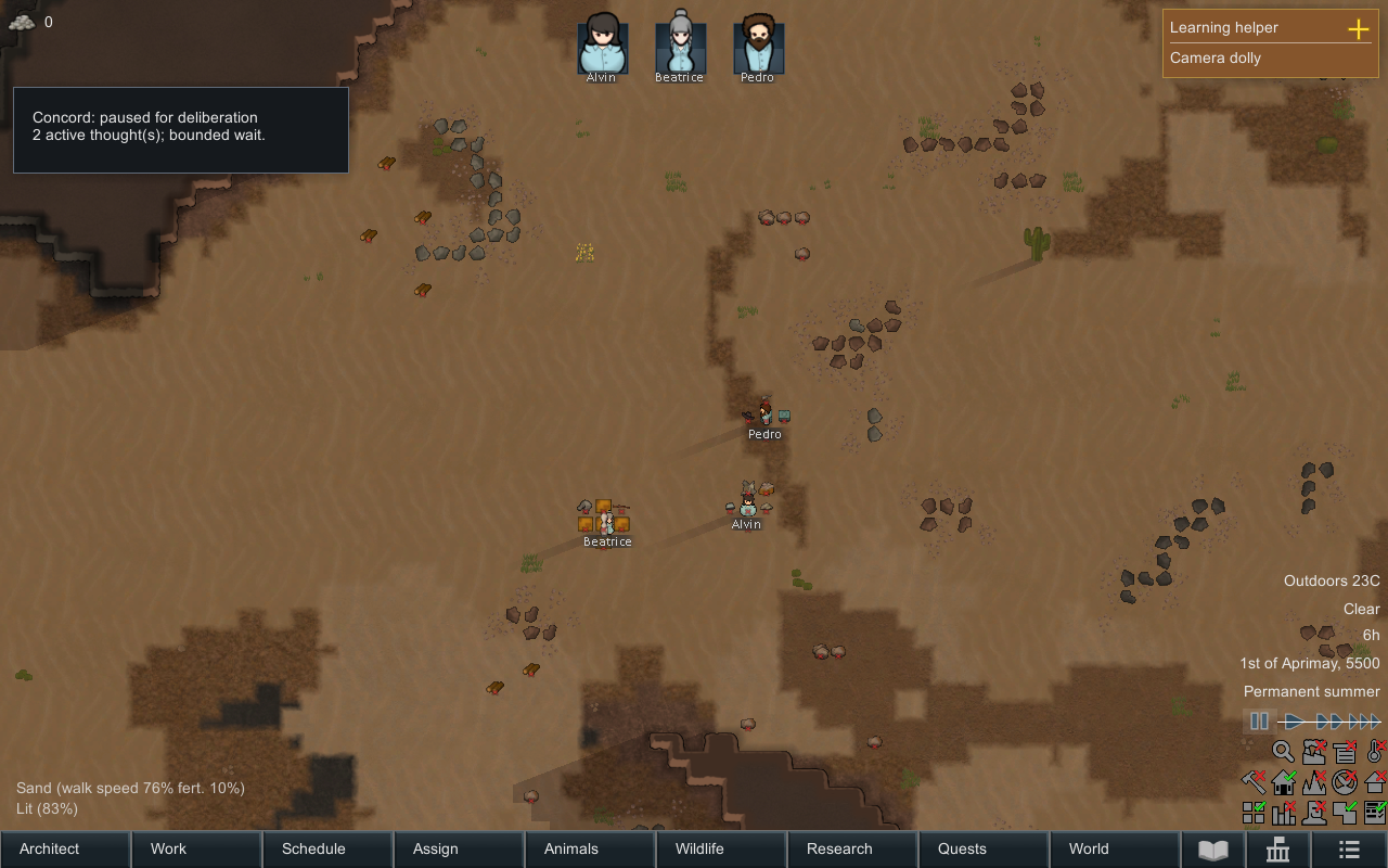 RimWorld colony with a visible Concord notice showing two active decision pause claims.